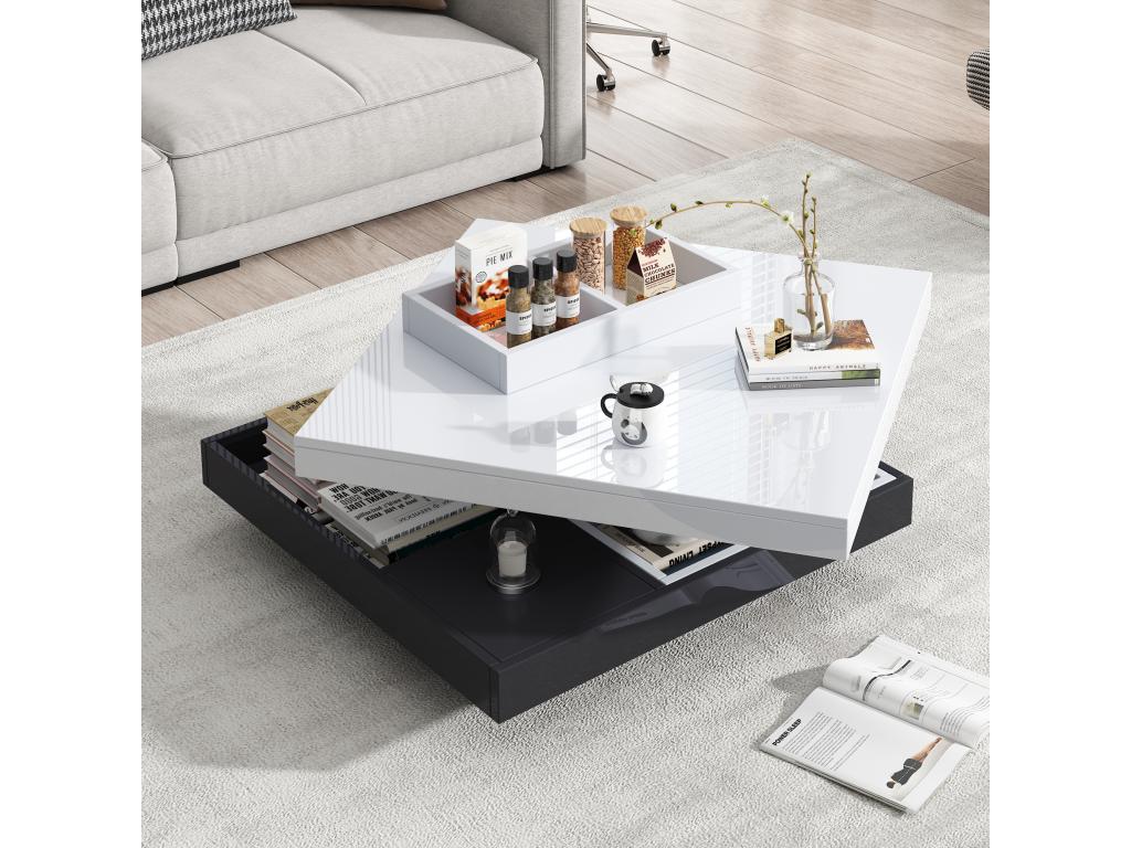 Square coffee table with 4 compartments and a rotating top - 70x70x36 cm - Particleboard - Black and white 90036LWKE