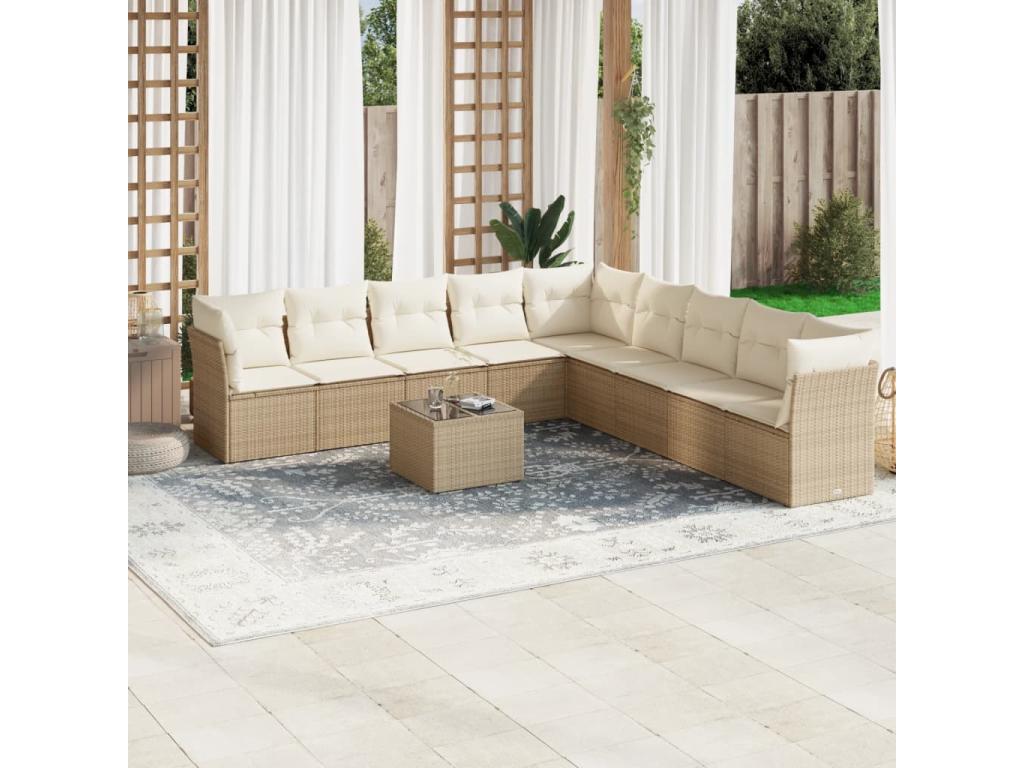 Garden furniture set with cushions, 10 pieces, beige woven resin, 47730ZAYQ