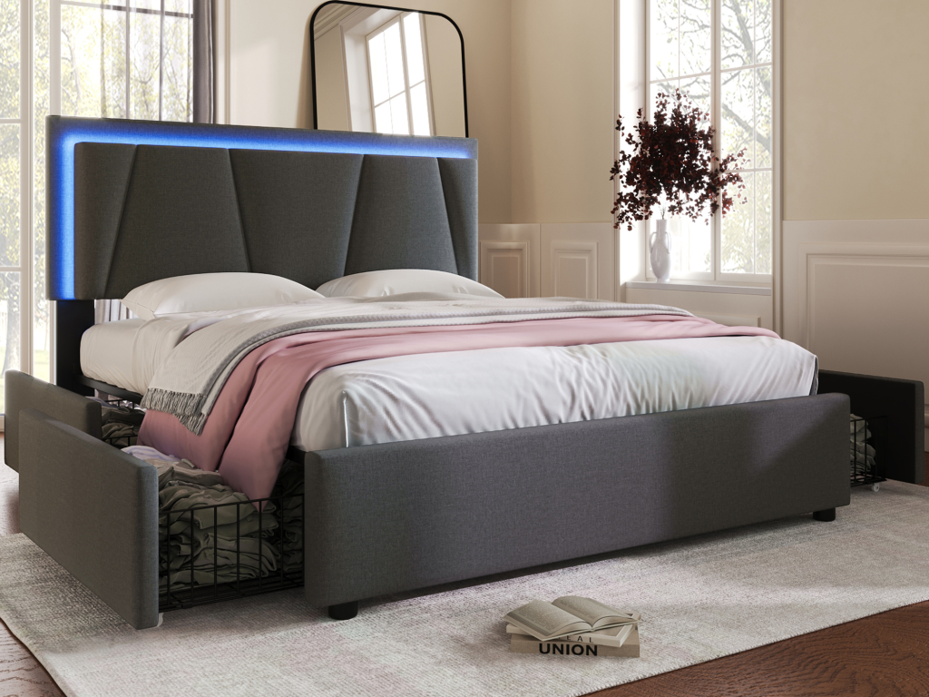 Bed with adjustable headboard - 160x200 cm - 4 drawers - LEDs - Sunmeub slatted base - grey color 66368IBAL