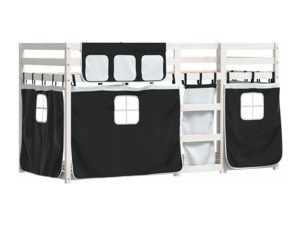 Bunk bed with black and white curtains, 75x190 cm, solid pine wood, 86039NYGF