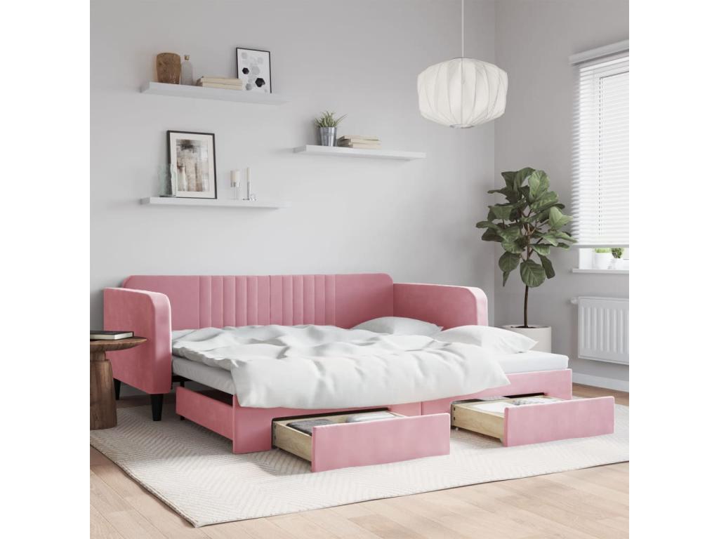 Daybed with trundle and drawers, pink, 100x200 cm, velvet, 81247TAIP