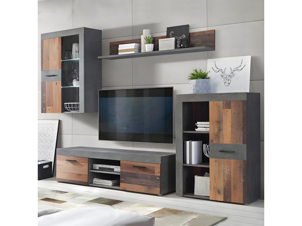 Sunmeub 55379GABC 4-piece wall-mounted TV unit in wood and dark concrete finish