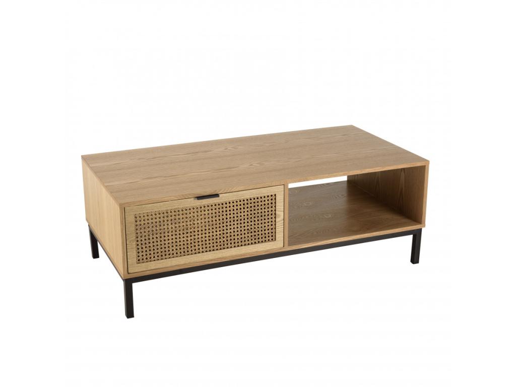 Homeboisstore - Coffee table with 1 niche, 2 drawers, natural cane, black metal legs 02469NBRX