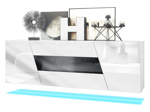 Wall-Mounted Buffet, Matte White Body, Glossy White Fronts, High-Gloss Black Central Drawer with LED Lighting 33046ZKFY