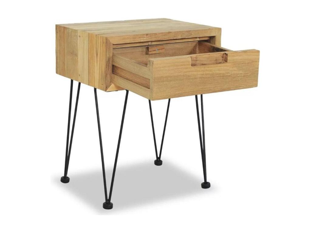 Sunmeub 97611IFSF Bedside Table with 1 Drawer, Light Recycled Solid Teak and Black Metal Legs