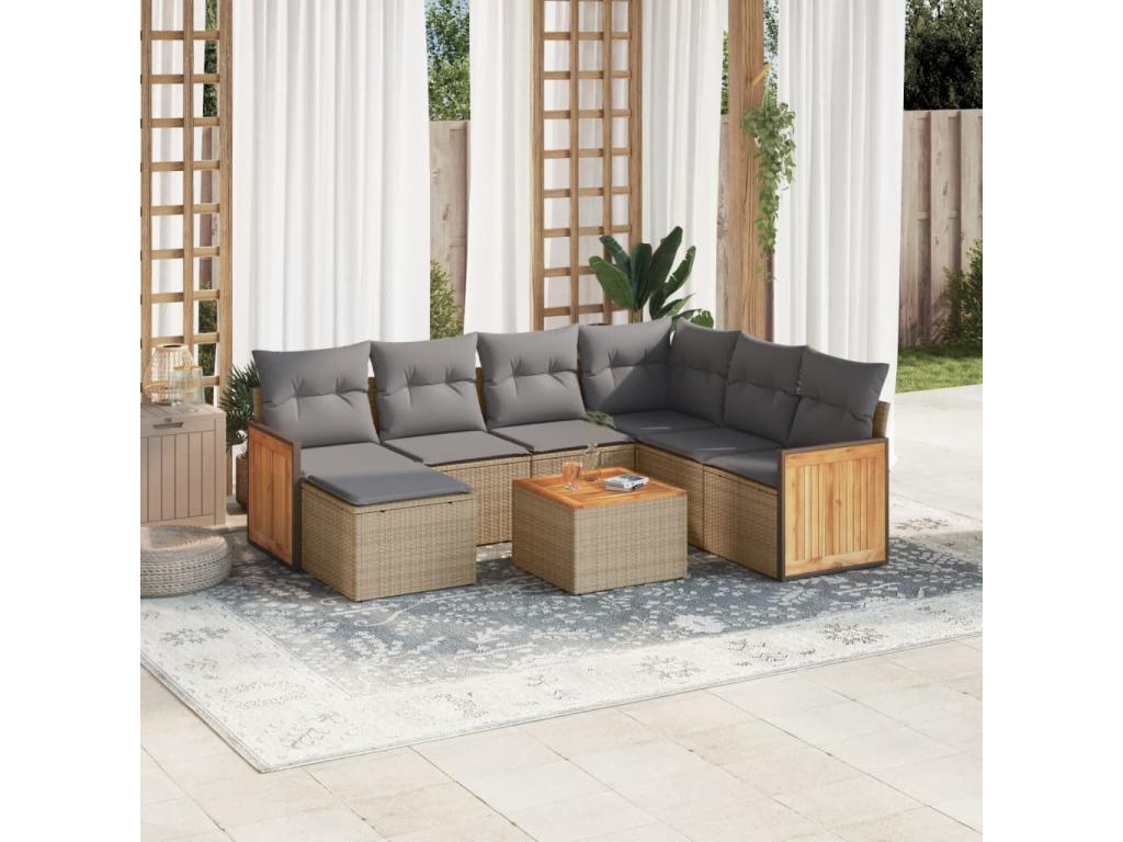 8-piece garden furniture set with cushions, beige wicker resin, 85744MGWZ