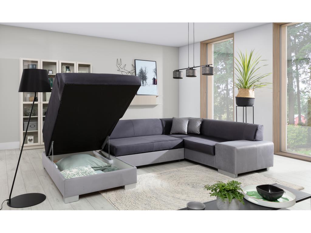Sunmeub 320cm panoramic convertible sofa in two-tone grey fabric and black faux leather with storage compartment - Storage compartment on the left 79081RGBO