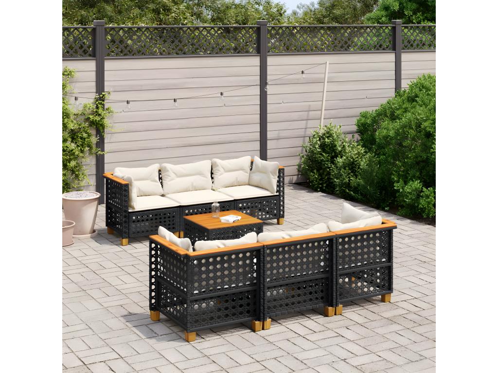 7-piece garden furniture set with cushions, black woven resin 04226PGMN