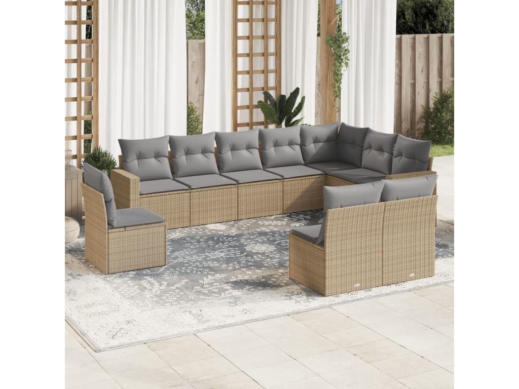 Garden furniture set with cushions, 10 pieces, beige woven resin, 57791JDFA