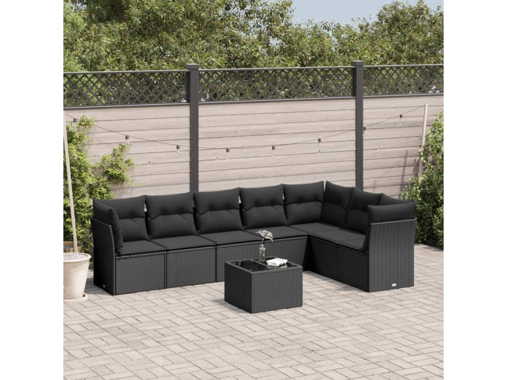 8-piece garden furniture set with cushions, black woven resin, 27070SXZP