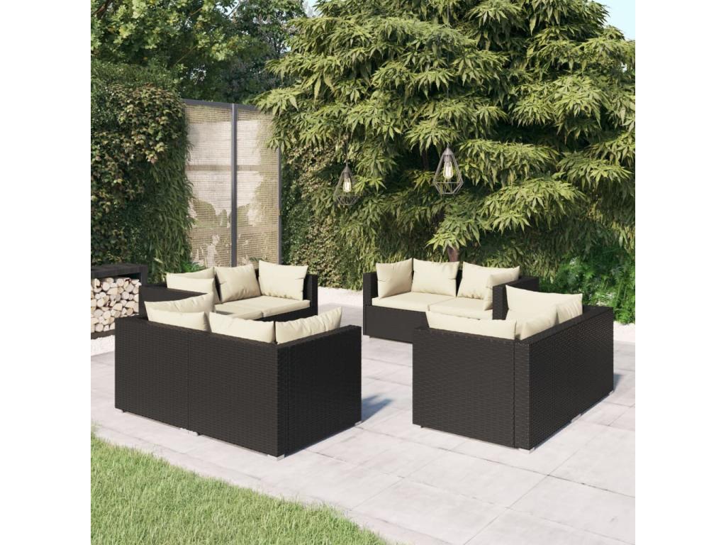 8-piece garden furniture set with cushions, black wicker resin, 47802FYXN