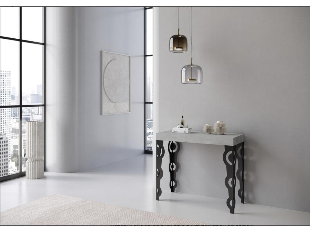 Sunmeub Oriental Style Extendable Console Table 90x40-196 or 90x40-300 - Cement Grey - 2-Leg Support - 5 Slim Extension Leaves 99486USCX