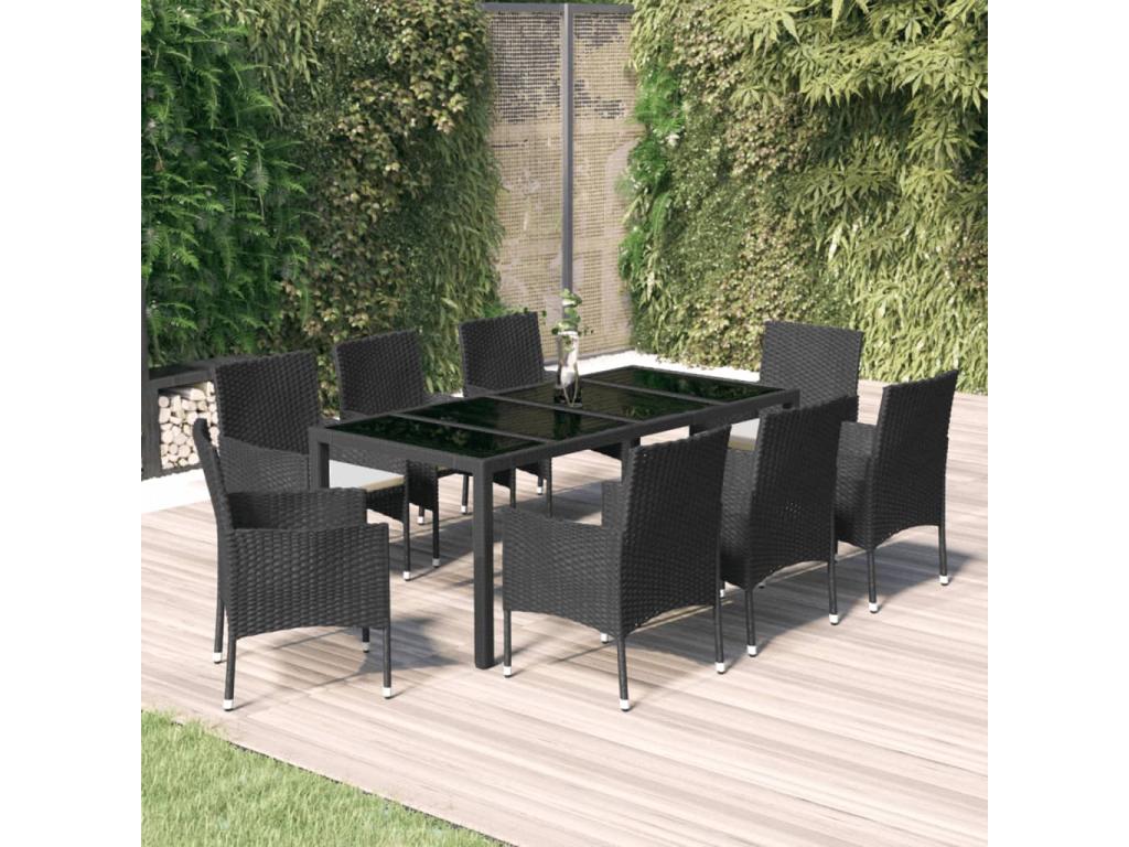 9-piece garden dining set and cushions, black resin wicker 96293MNJU