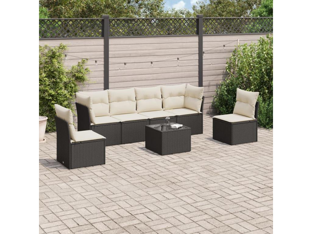 7-piece garden furniture set with cushions, black woven resin 88035IARV