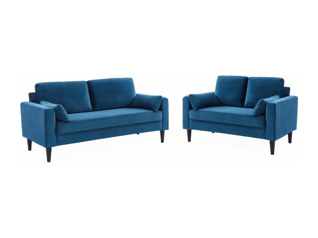 Blue velvet sofa - Sunmeub - Fixed 2-seater sofa with straight front and wooden legs, Scandinavian style 73651ACCQ