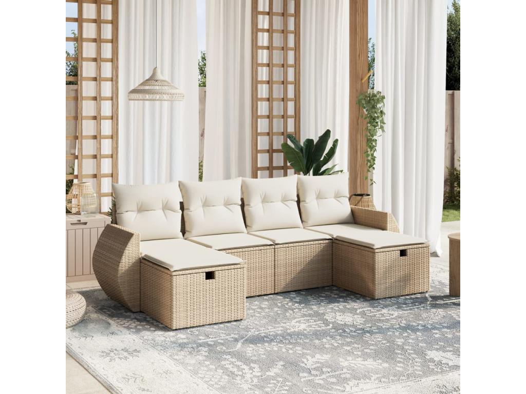 6-piece garden furniture set with cushions, beige wicker resin, 41918UWPG