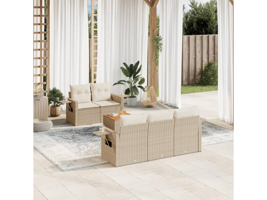 6-piece garden furniture set with cushions, beige woven resin, 35076HDOC
