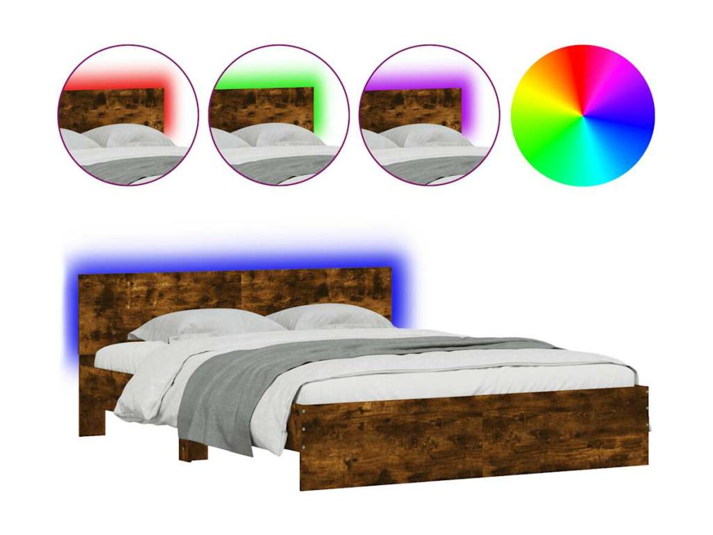 Bed frame with headboard and LED lighting, smoked oak, 150x200 cm, 90638UHOX