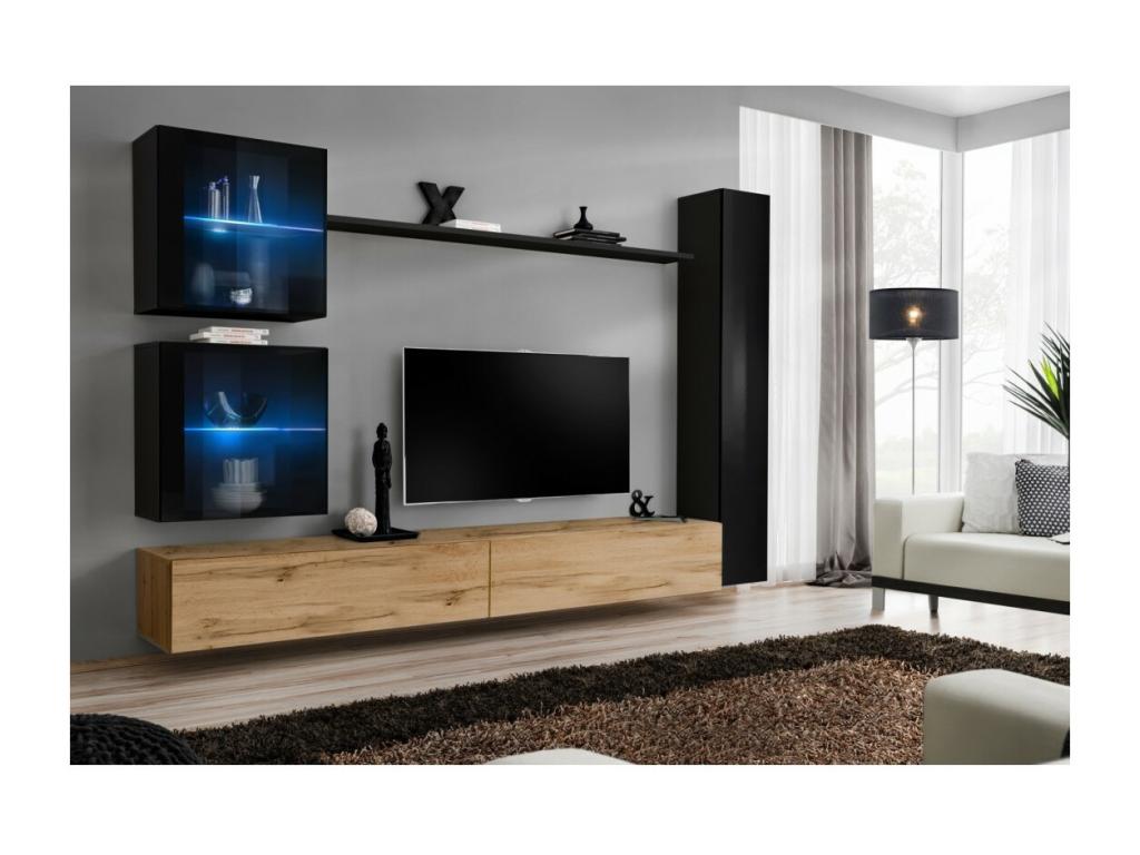 Sunmeub wall-mounted living room furniture set in Sunmeub oak and glossy black. 87043YTYV