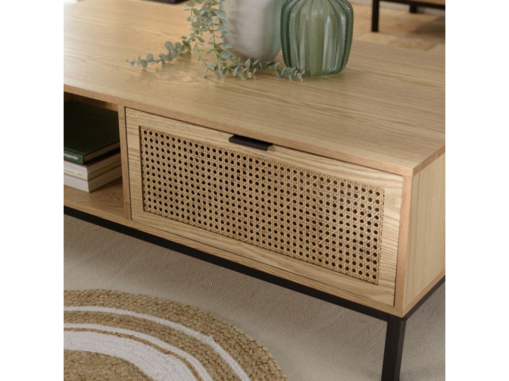 Homeboisstore - Coffee table with 1 niche, 2 drawers, natural cane, black metal legs 02469NBRX