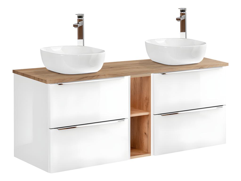 Sunmeub 140cm Double Vanity Unit with 2 Niches, White and Wood, 50744ZALI