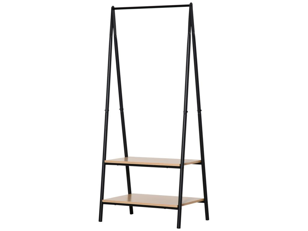 Contemporary style triangular clothes rack, dimensions: 64L x 43W x 149H cm, 2 shelves, light wood MDF, black steel, 18680JSLS