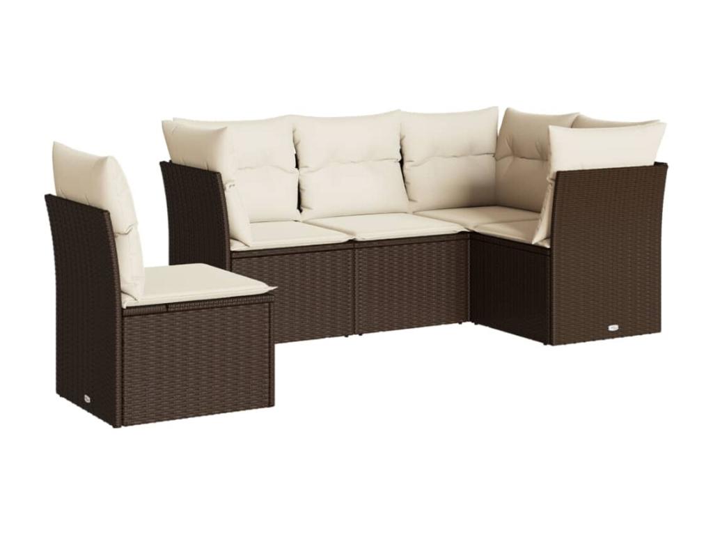 5-piece garden furniture set with cushions, brown woven resin, 20679KOPD
