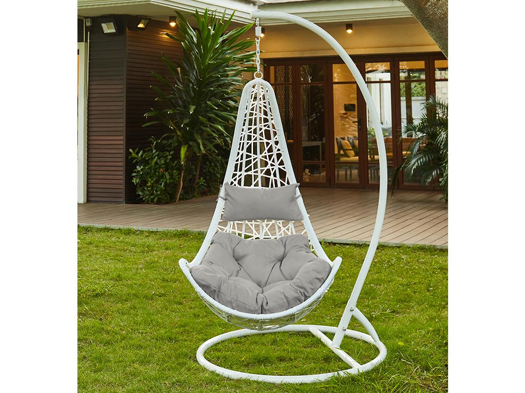 Hanging chair in woven resin - White with grey cushions - Sunmeub 81178ZCMC