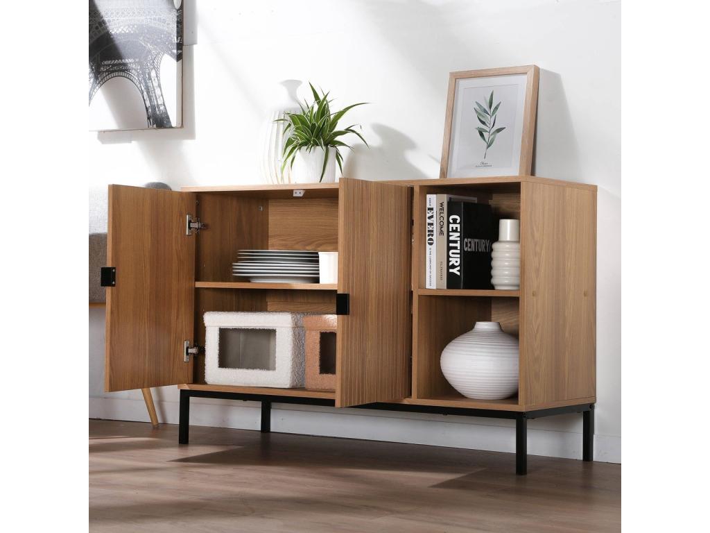 2-Door Buffet with 2 Open Shelves, Grooved Wood Effect, 110 cm Wide - Sunmeub 25041QIFN