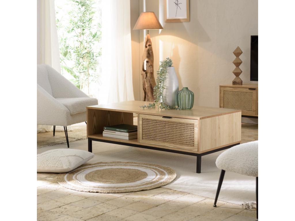 Homeboisstore - Coffee table with 1 niche, 2 drawers, natural cane, black metal legs 02469NBRX