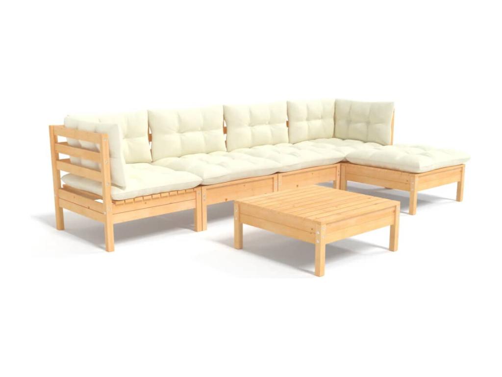 6-piece garden furniture set with cream cushions, pine wood 15861OGFQ