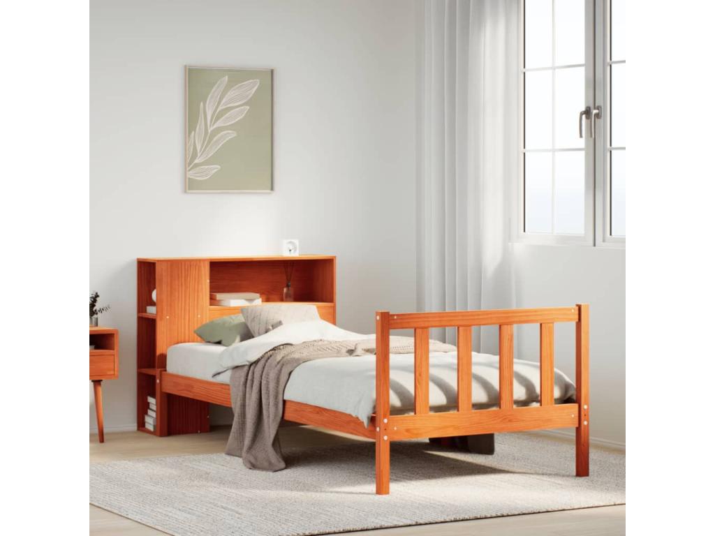 Bookshelf bed without mattress, brown wax finish, 100x200 cm, solid pine, 18279FOCN