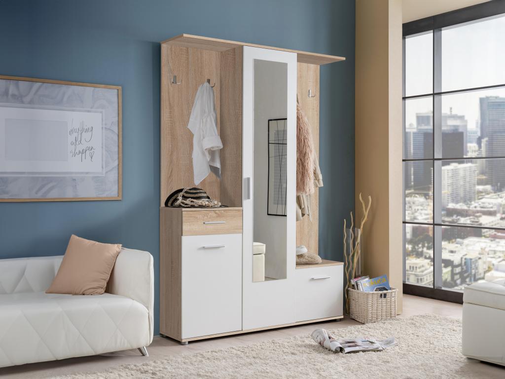 Wardrobe with 3 doors, 1 drawer and 1 mirror - Natural and white - Homeboisstore 47974QITL