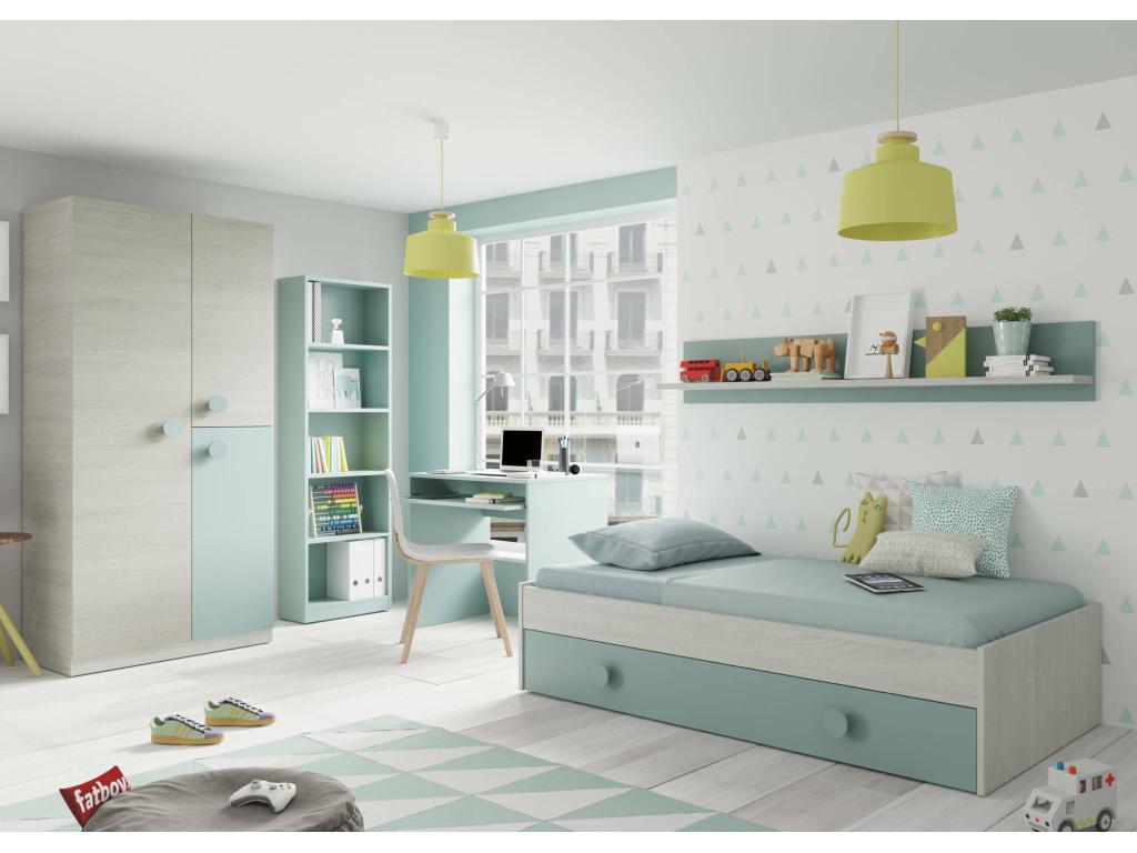 Manchester Wardrobe, Children's Bedroom Wardrobe with 3 Doors and 3 Shelves with Clothes Rail, 90x52x200 cm, Grey and Green, Sunmeub 36843PLED