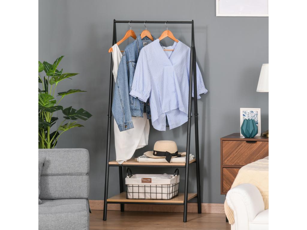 Contemporary style triangular clothes rack, dimensions: 64L x 43W x 149H cm, 2 shelves, light wood MDF, black steel, 18680JSLS