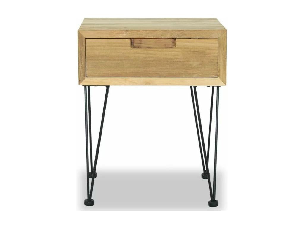 Sunmeub 97611IFSF Bedside Table with 1 Drawer, Light Recycled Solid Teak and Black Metal Legs