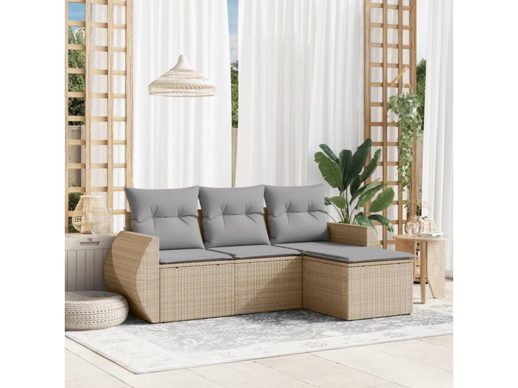 4-piece garden furniture set with cushions, beige woven resin, 73833KMXH