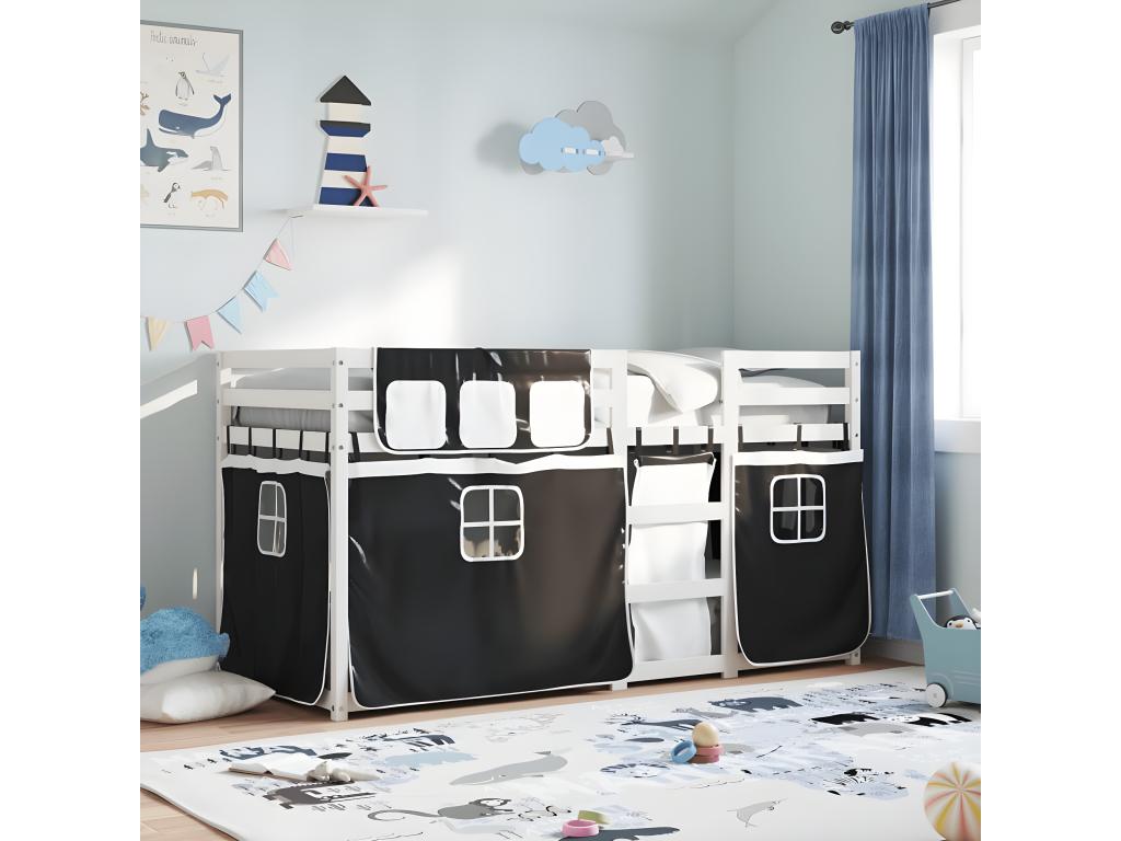 Bunk bed with white/black curtains 75x190 cm solid pine wood 90300WKNT