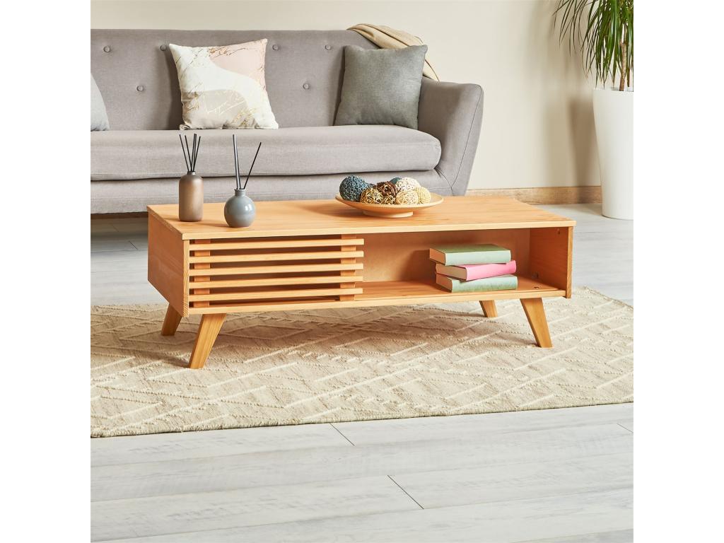 Sunmeub coffee table, rectangular vintage design living room table with 4 niches and slatted sliding doors in stained/waxed pine 43471EYTY