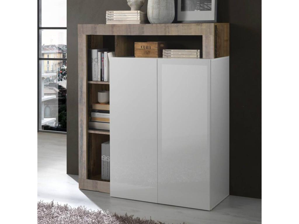 Sunmeub - 2-Door Bar Cabinet, White Lacquered Finish, Wood-Effect Frame and Shelves, Sunmeub 46853EEXB