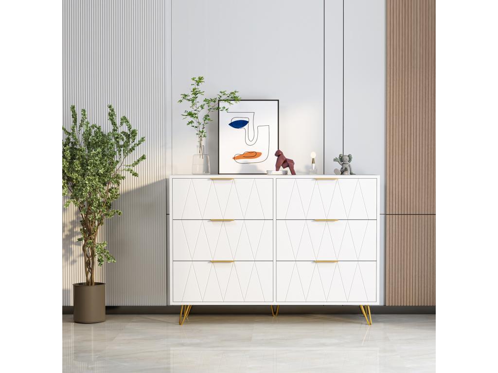 Low sideboard with 6 drawers - Chest of drawers - MDF wood and gold-tone metal - 100x34x73cm - White 82923HCYW