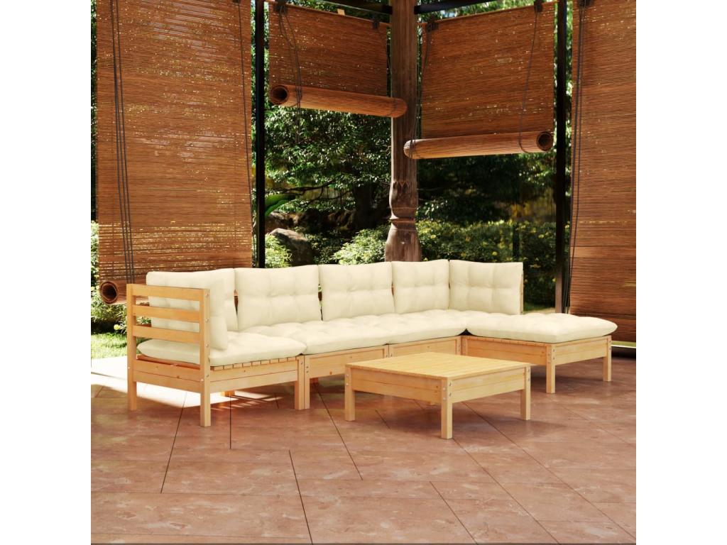 6-piece garden furniture set with cream cushions, pine wood 15861OGFQ