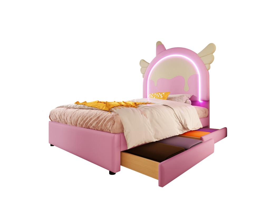Upholstered single bed in faux leather 90x200 cm - with LED and 2 drawers - Pink 45489YOUJ