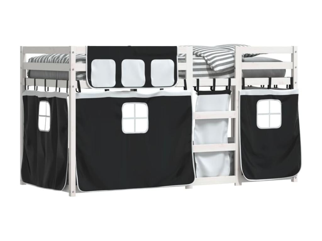 Bunk bed with black and white curtains, 75x190 cm, solid pine wood, 86039NYGF