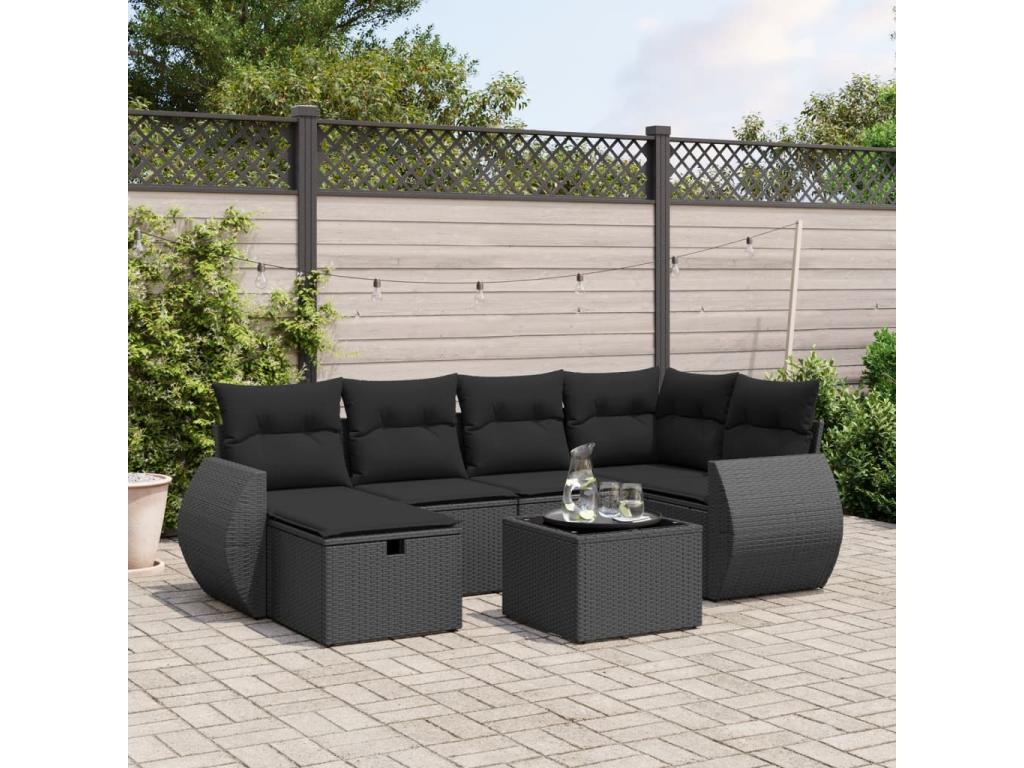 7-piece garden furniture set with cushions, black resin wicker, 74361TFRG