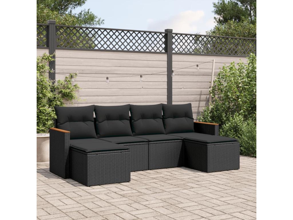 6-piece garden furniture set with cushions, black resin wicker, 73717FYCV