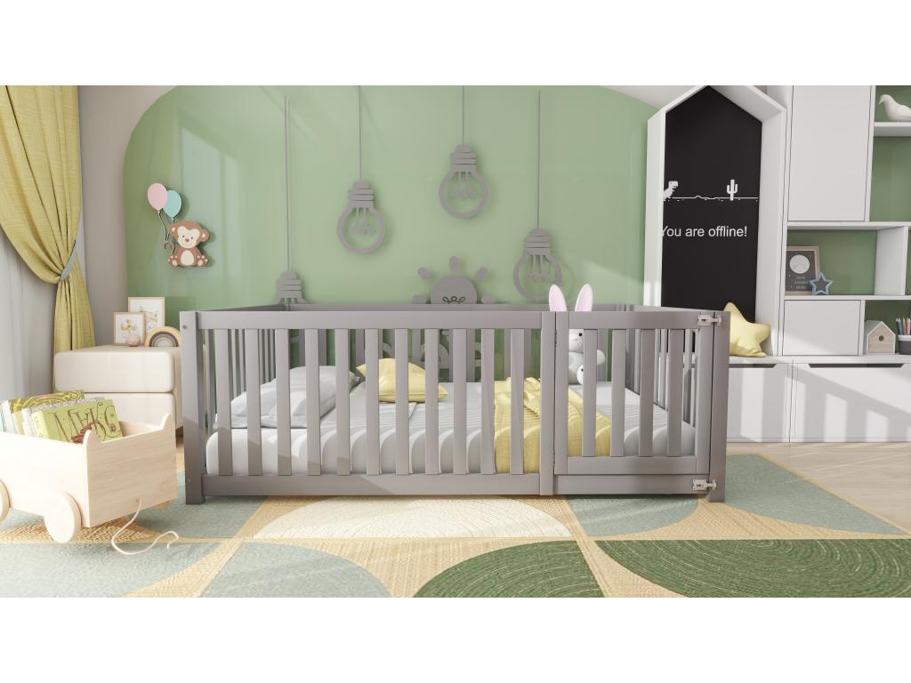 Children's bed 140x200 cm parquet bed frame with guardrail and door, grey 25864QZDW