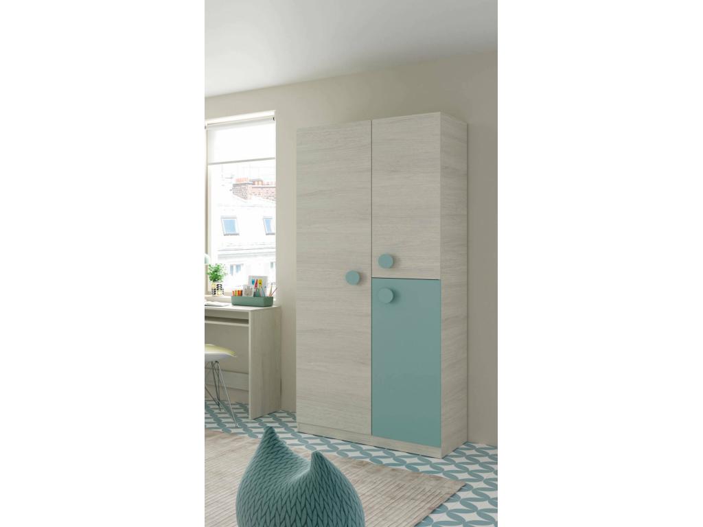 Manchester Wardrobe, Children's Bedroom Wardrobe with 3 Doors and 3 Shelves with Clothes Rail, 90x52x200 cm, Grey and Green, Sunmeub 36843PLED