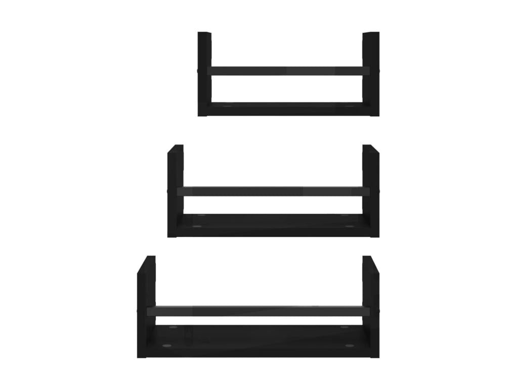 Set of 3 black engineered wood wall-mounted shelves with bars, 63708OPLW