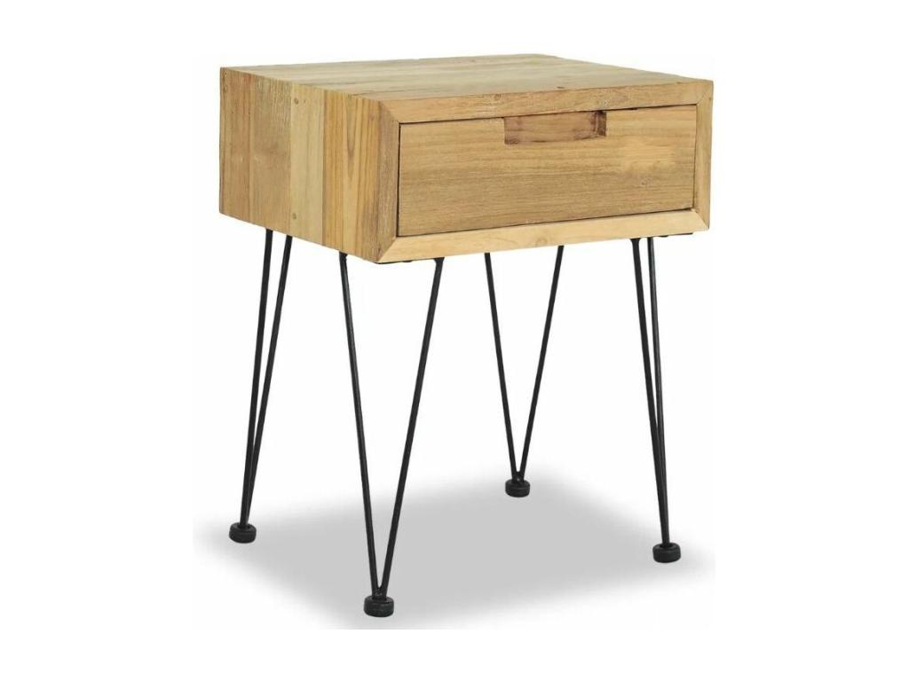 Sunmeub 97611IFSF Bedside Table with 1 Drawer, Light Recycled Solid Teak and Black Metal Legs